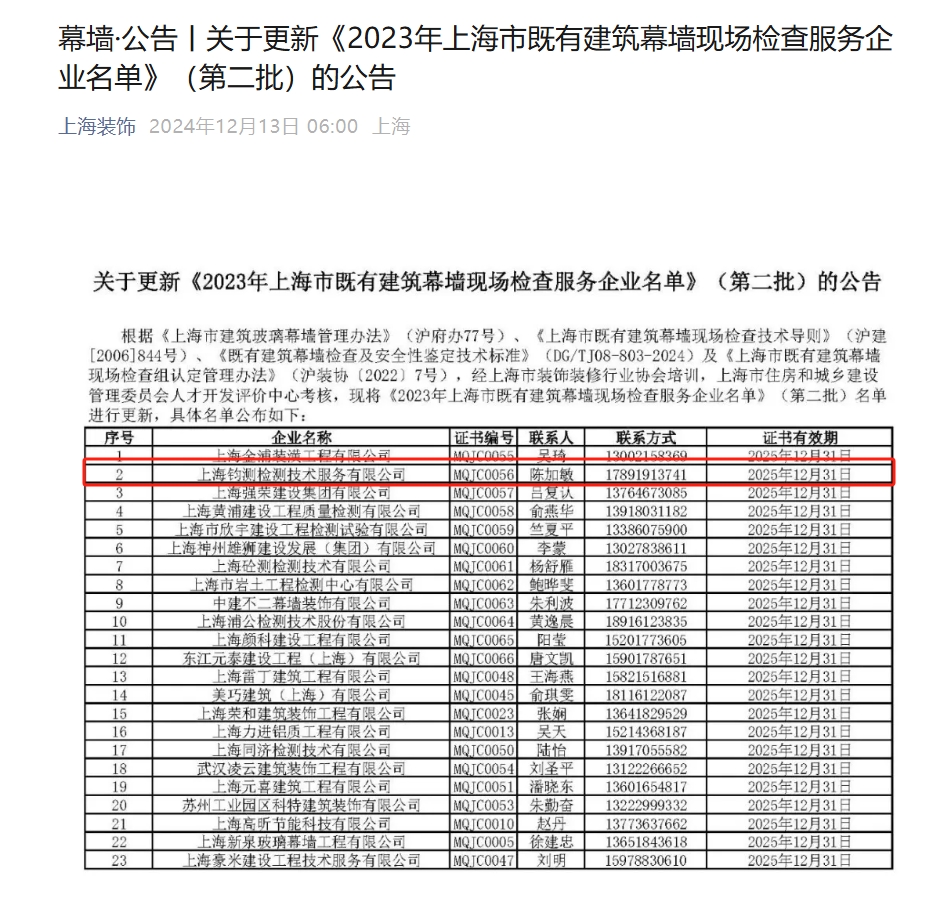 關(guān)于更新《2023年上海市既有建筑幕墻現(xiàn)場檢查服務(wù)企業(yè)名單》（第二批）的公告